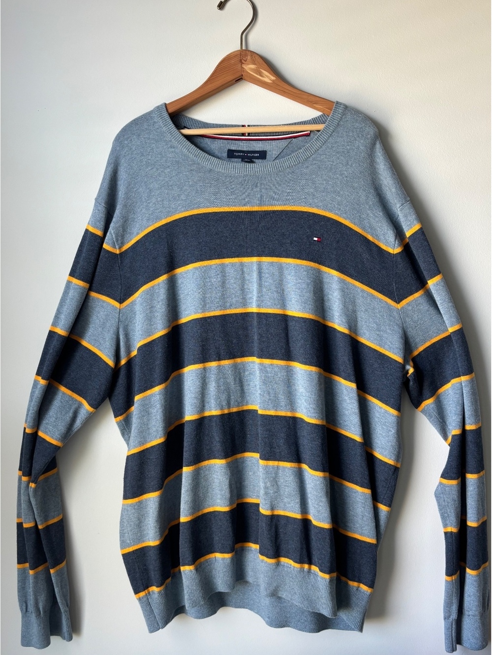 Tommy Hilfiger Men's Gray Navy Gold Rugby Stripe Crewneck Pullover Sweater 3XL